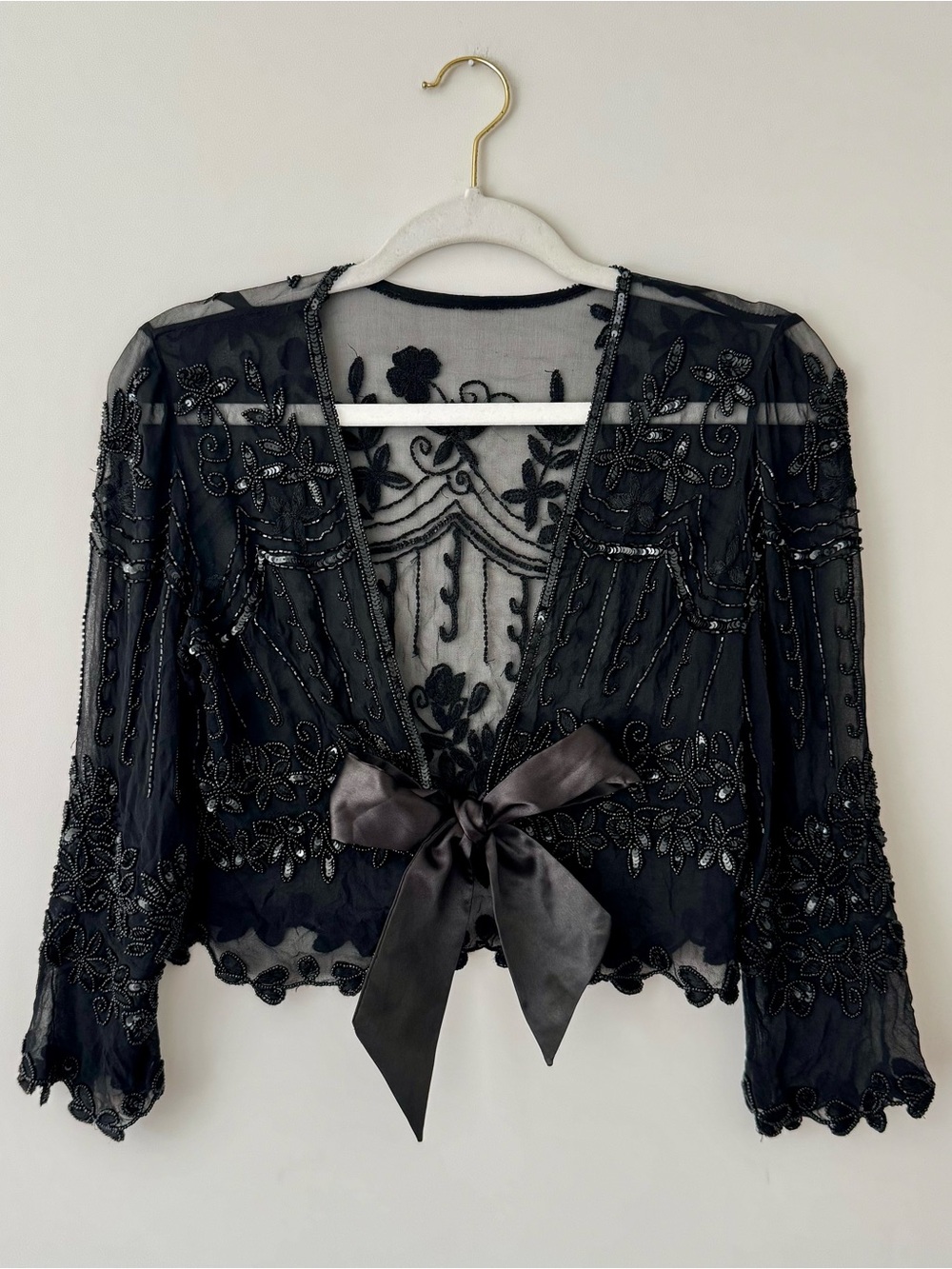 Vintage Marina Sheer Beaded Sequin Embellished Jacket w/ Bow, Black – S / M